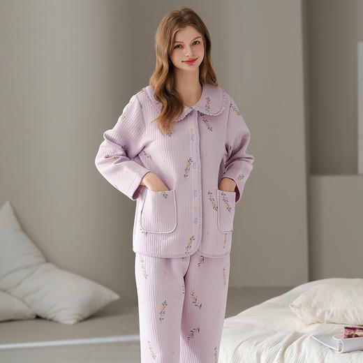 芬腾睡衣女秋冬纯棉空气棉夹层长袖抗菌春秋套装宽松加大码家居服 商品图2