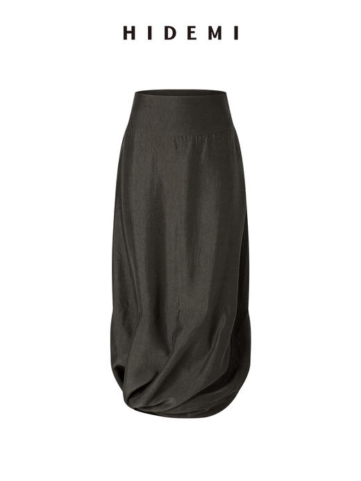 HIDEMI 【当当同款】进口可再生纤维纽扣堆堆领设计感做旧水洗缎面套装 上衣/茧型半裙 勃艮第红/乌木灰棕 商品图9