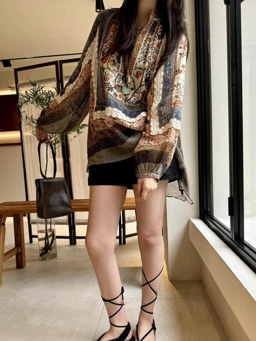 法国苎麻民族风定拉印花蕾丝拼接轻薄长袖宽松衬衫 商品图12