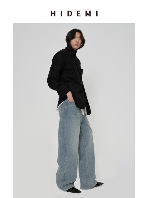 HIDEMI 进口澳洲绵羊毛全毛厚款复古立体口袋工装感西装导演外套大衣 意大利米/艺术灰/黑色 商品图8