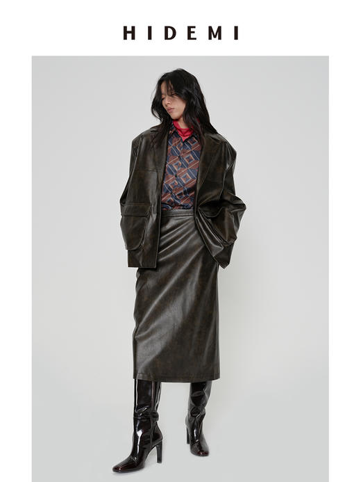 HIDEMI 【吴千语同款】甄选复古水洗擦色感环保蛋白皮工装感立体大口袋西装外套皮衣 商品图10