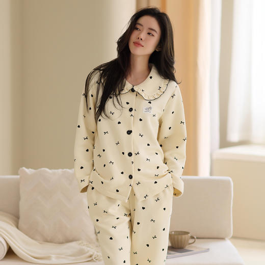 芬腾春秋季纯棉女睡衣针织薄夹棉全棉长袖套装女款休闲甜美家居服 商品图2