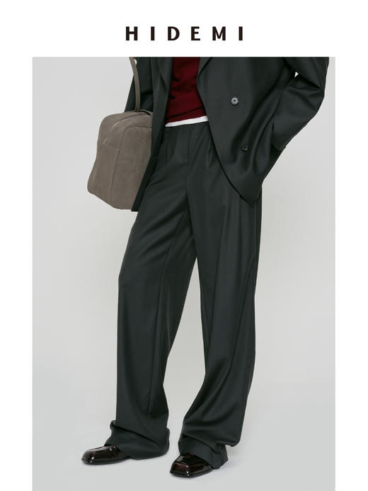 HIDEMI 莫兰迪灰蓝色显瘦双压褶中腰式设计感宽腿直筒西裤长裤 商品图3