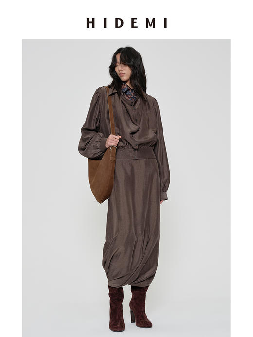 HIDEMI 【当当同款】进口可再生纤维纽扣堆堆领设计感做旧水洗缎面套装 上衣/茧型半裙 勃艮第红/乌木灰棕 商品图5