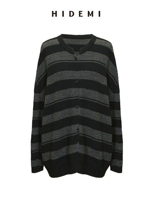 HIDEMI 【当当同款】进口羊驼毛混纺多股纱线条纹松弛感大廓形圆领纽扣开衫外套 黑灰条纹/绿紫条纹/棕绿条纹/灰粉条纹 商品图14