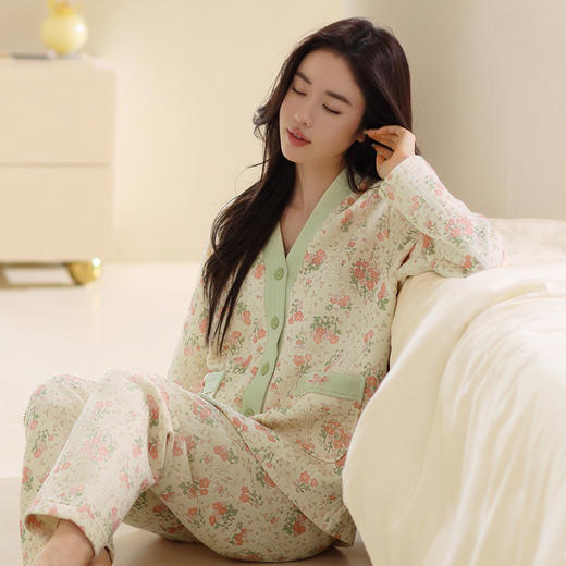 芬腾舒适针织薄夹棉春秋季纯棉女士款睡衣全棉V领长袖套装家居服 商品图0
