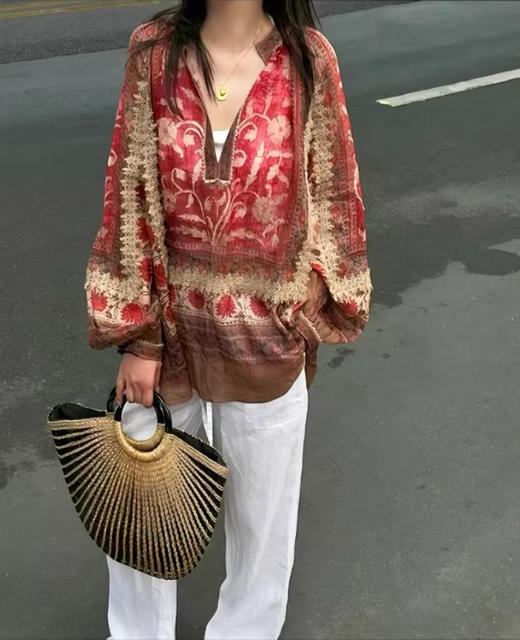 法国苎麻民族风定拉印花蕾丝拼接轻薄长袖宽松衬衫 商品图5