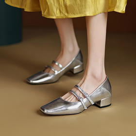 【预售5天】方头玛丽珍鞋温夏晚风法式复古，银色方头一字带粗跟玛丽珍鞋MLJ&A692