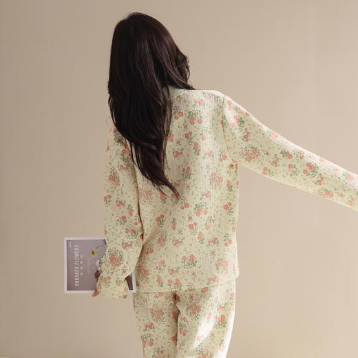 芬腾舒适针织薄夹棉春秋季纯棉女士款睡衣全棉V领长袖套装家居服 商品图3