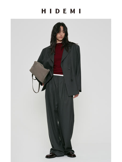 HIDEMI 莫兰迪灰蓝色极简廓形宽肩垫肩设计感甄选可再生纤维高翻领复古男朋友式西装 商品图4