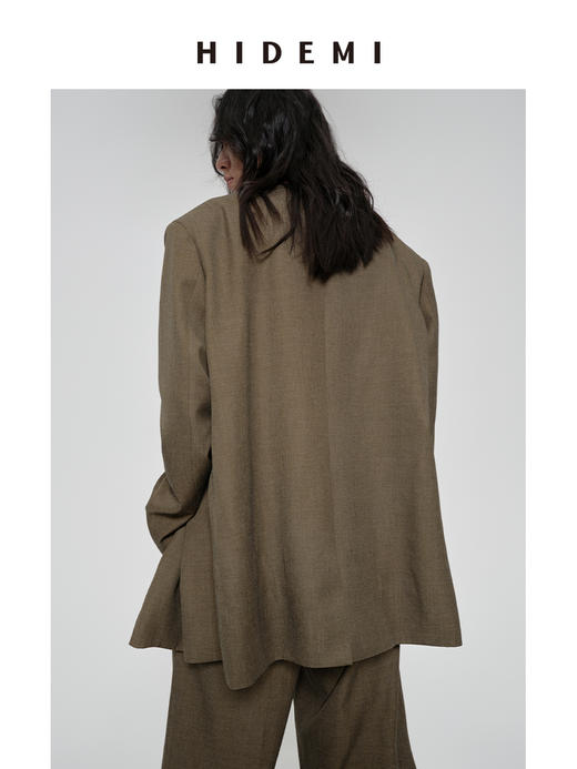 HIDEMI 沙漠枯米黄色v领宽肩垫肩宽松廓形男朋友式西装外套 商品图7