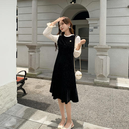 奢姿大码女装2025春季减龄木耳边拼接连衣裙胖妹妹喇叭袖时尚裙子9943890167 商品图1