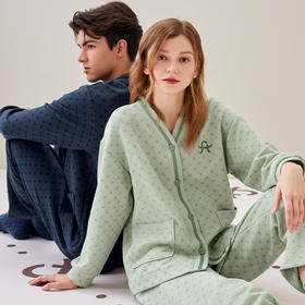 芬腾情侣睡衣秋冬空气棉夹层长袖纯棉套装女抗菌男士加大码家居服