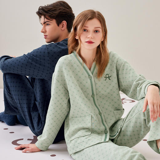 芬腾情侣睡衣秋冬空气棉夹层长袖纯棉套装女抗菌男士加大码家居服 商品图0