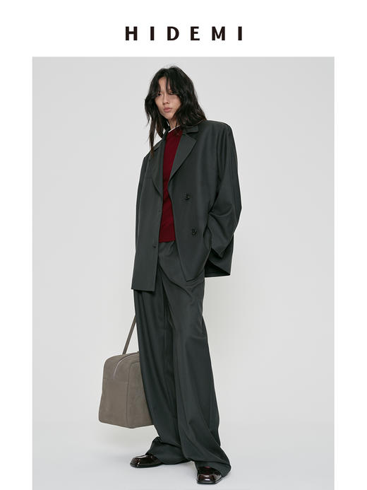 HIDEMI 莫兰迪灰蓝色极简廓形宽肩垫肩设计感甄选可再生纤维高翻领复古男朋友式西装 商品图3