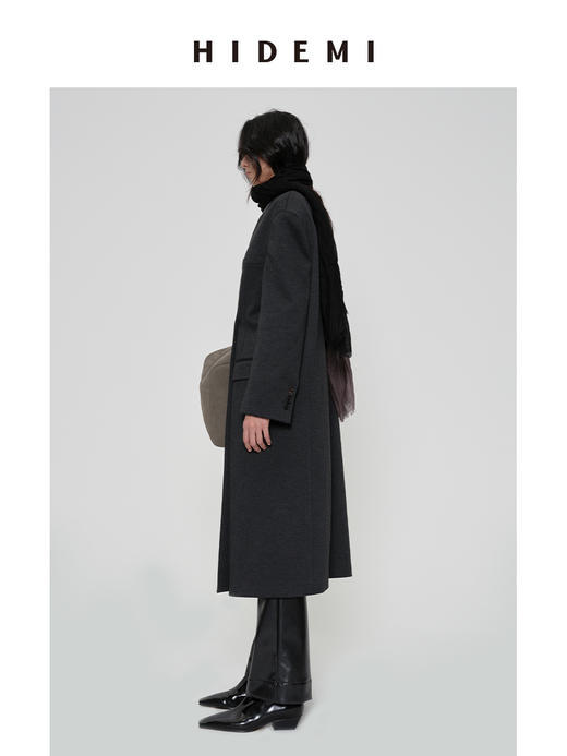 HIDEMI 甄选可再生纤维斜纹复古感v领宽肩大廓形厚款高织高克重长款西装西服大衣 商品图5