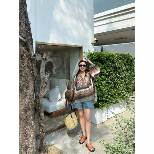 法国苎麻民族风定拉印花蕾丝拼接轻薄长袖宽松衬衫 商品图11