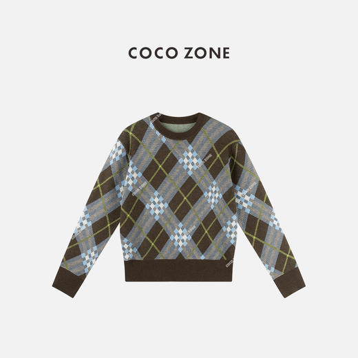 COCO ZONE 时尚撞色格子针织衫气质圆领长袖上衣CC2C1899 商品图0