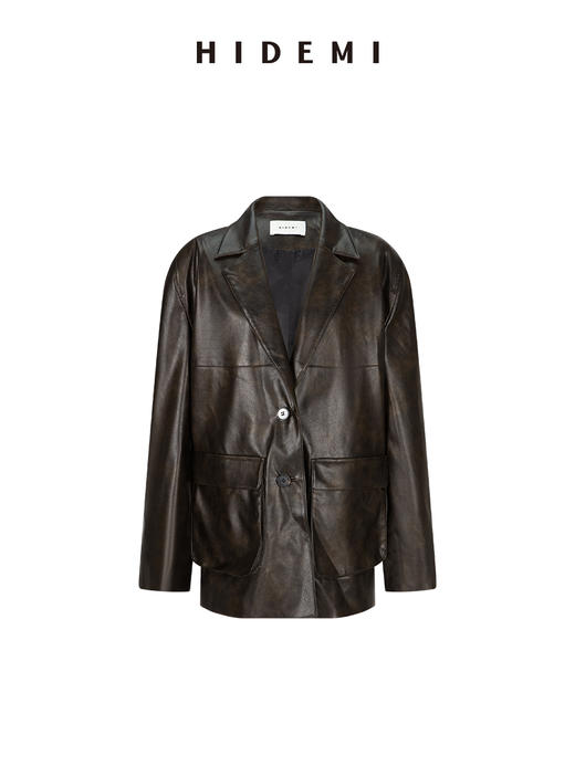 HIDEMI 【吴千语同款】甄选复古水洗擦色感环保蛋白皮工装感立体大口袋西装外套皮衣 商品图13