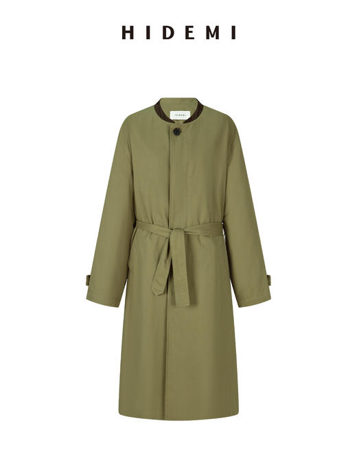 HIDEMI 极简设计感格纹内衬拼接廓形圆领夹棉双层保暖长款可拆卸腰带式大衣 军绿色/炭灰色 商品图7