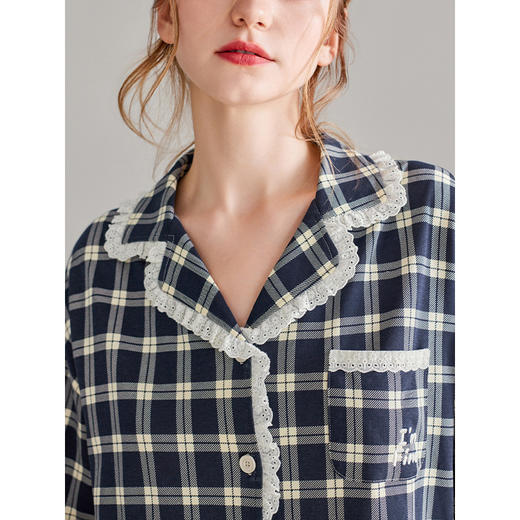 芬腾长袖情侣睡衣春秋季纯棉开衫套装男女格子宽松大码全棉家居服 商品图2