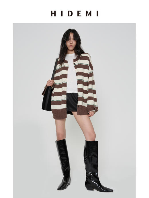 HIDEMI 【当当同款】进口羊驼毛混纺多股纱线条纹松弛感大廓形圆领纽扣开衫外套 黑灰条纹/绿紫条纹/棕绿条纹/灰粉条纹 商品图7