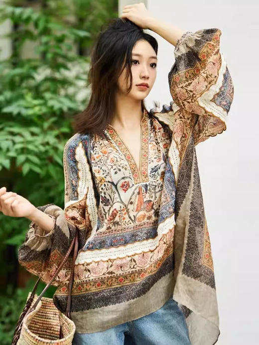 法国苎麻民族风定拉印花蕾丝拼接轻薄长袖宽松衬衫 商品图14