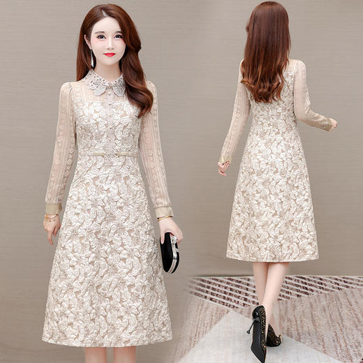 QYM J21163-Y蕾丝花边领连衣裙拼结时尚提花裙A字裙 商品图2