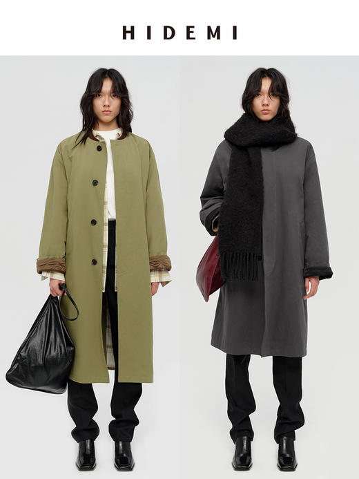 HIDEMI 极简设计感格纹内衬拼接廓形圆领夹棉双层保暖长款可拆卸腰带式大衣 军绿色/炭灰色 商品图0