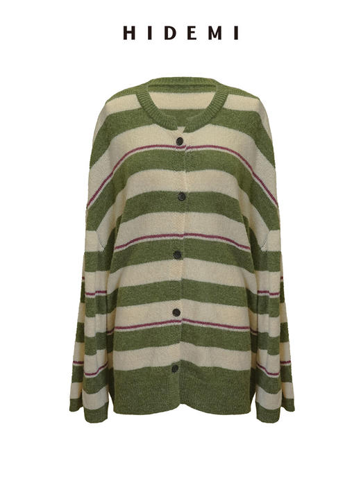 HIDEMI 【当当同款】进口羊驼毛混纺多股纱线条纹松弛感大廓形圆领纽扣开衫外套 黑灰条纹/绿紫条纹/棕绿条纹/灰粉条纹 商品图12