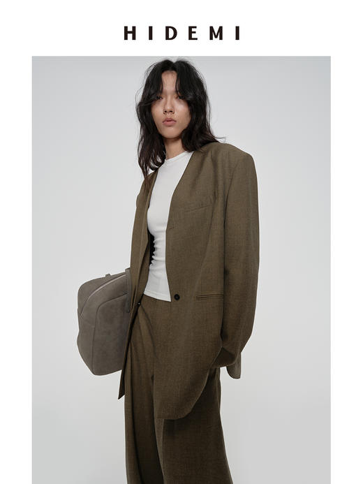 HIDEMI 沙漠枯米黄色v领宽肩垫肩宽松廓形男朋友式西装外套 商品图5