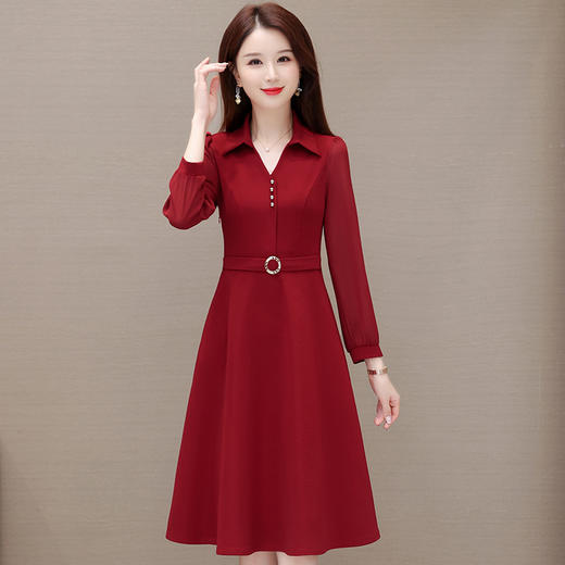 中长款时尚连衣裙，翻领长袖修身简约通勤气质打底裙QYM- KED-23005-Y 商品图0