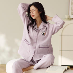 芬腾睡衣女春秋季纯棉针织空气夹棉长袖长裤开衫全棉家居服套装