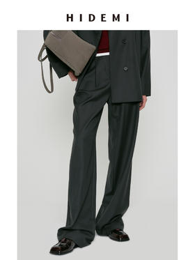 HIDEMI 莫兰迪灰蓝色显瘦双压褶中腰式设计感宽腿直筒西裤长裤