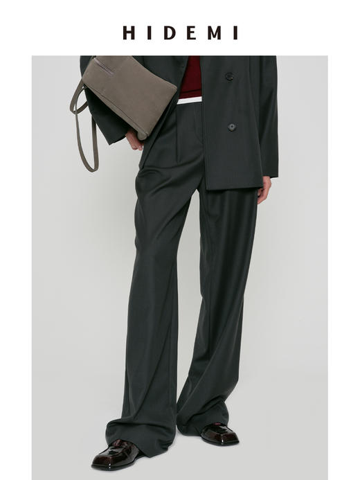 HIDEMI 莫兰迪灰蓝色显瘦双压褶中腰式设计感宽腿直筒西裤长裤 商品图0