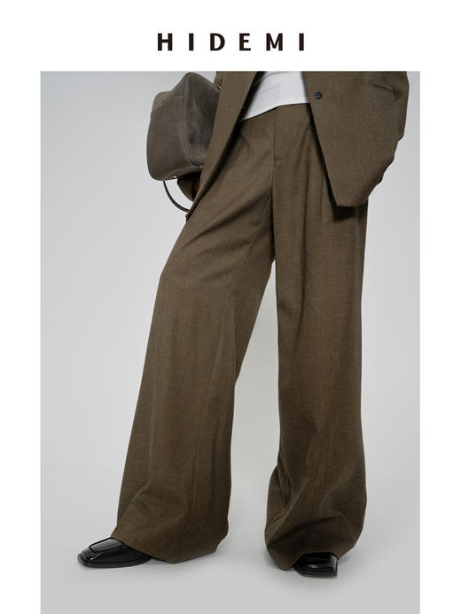 HIDEMI 沙漠枯米黄色中高腰阔腿长裤西裤 商品图4