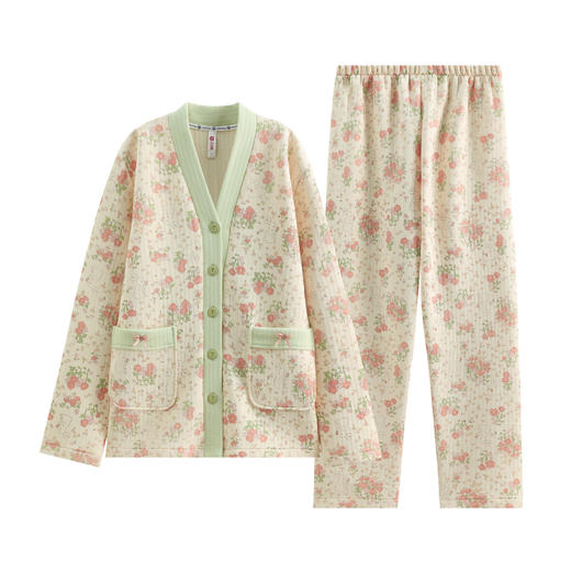 芬腾舒适针织薄夹棉春秋季纯棉女士款睡衣全棉V领长袖套装家居服 商品图4