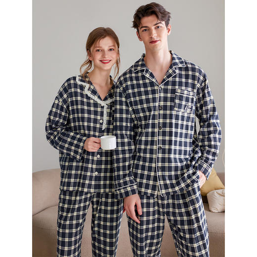 芬腾长袖情侣睡衣春秋季纯棉开衫套装男女格子宽松大码全棉家居服 商品图0