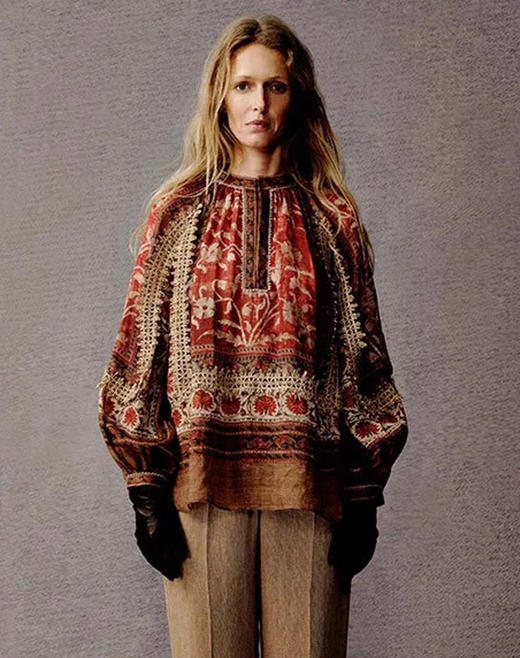 法国苎麻民族风定拉印花蕾丝拼接轻薄长袖宽松衬衫 商品图0