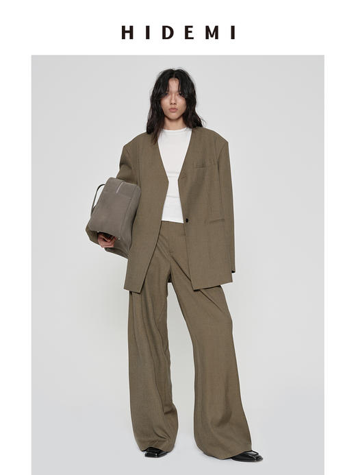 HIDEMI 沙漠枯米黄色v领宽肩垫肩宽松廓形男朋友式西装外套 商品图3