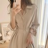 韩国chic简主义 百搭翻领单排扣系带收腰下摆开叉衬衫连衣裙女 商品缩略图0