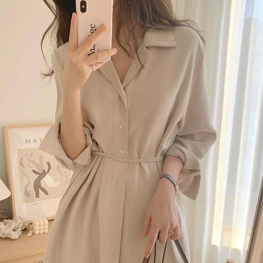 韩国chic简主义 百搭翻领单排扣系带收腰下摆开叉衬衫连衣裙女 商品图0