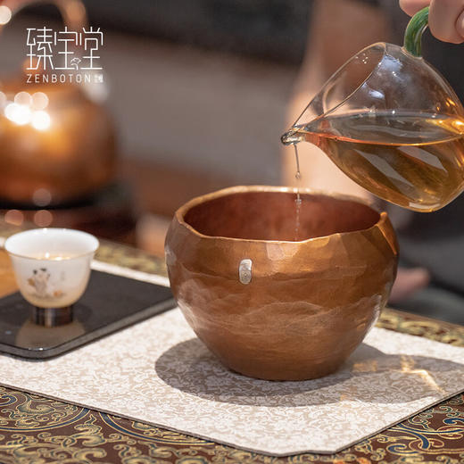 臻宝堂铜建水纯手工锤纹废水茶渣桶中式家用水孟加厚铜制茶洗茶具零配件 平安建水 容量约1100ml 商品图1