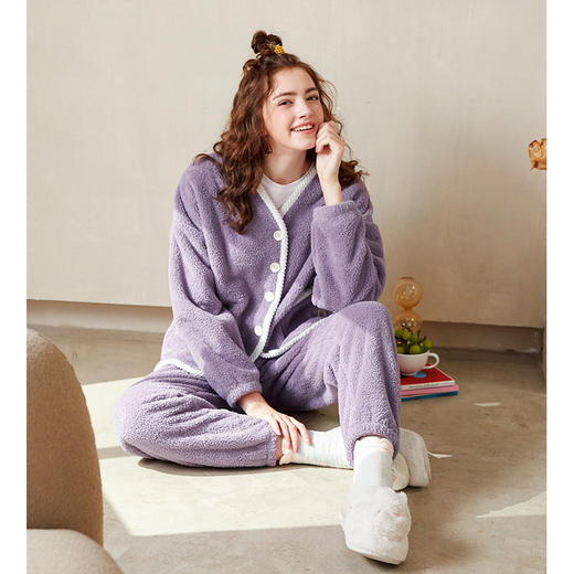 （合作款）芬腾【双面速暖绒】睡衣女秋冬长袖开衫V领女士家居服保暖套装秋yc0108007 商品图0