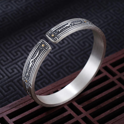 子佩集S999银【山川】手镯【YS032】纯银手镯仿古带金色嵌真金2408 商品图6