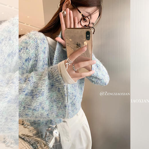 <曾小咸推荐> 甜美百搭蓝色短款毛织开衫 商品图1