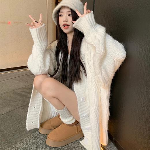 韩版2024秋冬暖呼呼慵懒风纯色V领长袖厚毛衣开衫外套女 商品图0