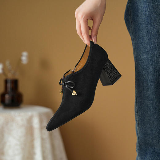 【预售5天】优雅女鞋单鞋秋冬季新款尖头粗跟高跟鞋蝴蝶结拉链裸靴BYXY&H2300 商品图1