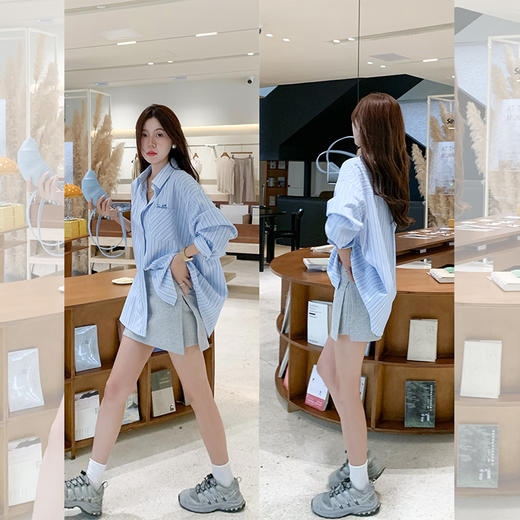 <曾小咸推荐> 韩系宽松蓝色竖条纹衬衫 商品图4