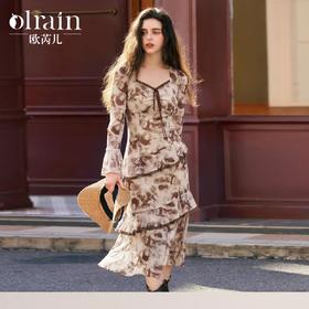 
OLrain欧芮儿法式长袖连衣裙女秋季2024年新款荷叶边晕染V领裙子